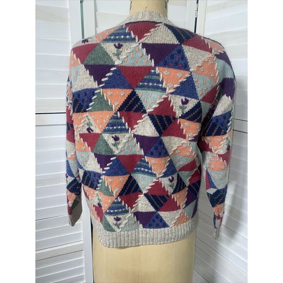 VTG 90s Eddie Bauer Wool Blend Geometric Patchwork Cardigan Sweater Sz Large - Picture 5 of 8